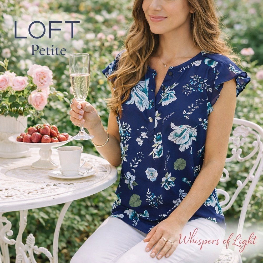 🌙 LOFT Outlet Petite Floral Blouse | Navy Blue Button Front | Size SP 🌙